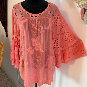 JOHNNY WAS Coral Peach Roman Ruffle Loose Fit Scoop Neck Top! Great condition. M